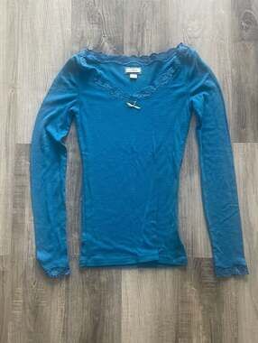 Aerie Teal Blue Lace Trim Long Sleeve Top with Bow Detail